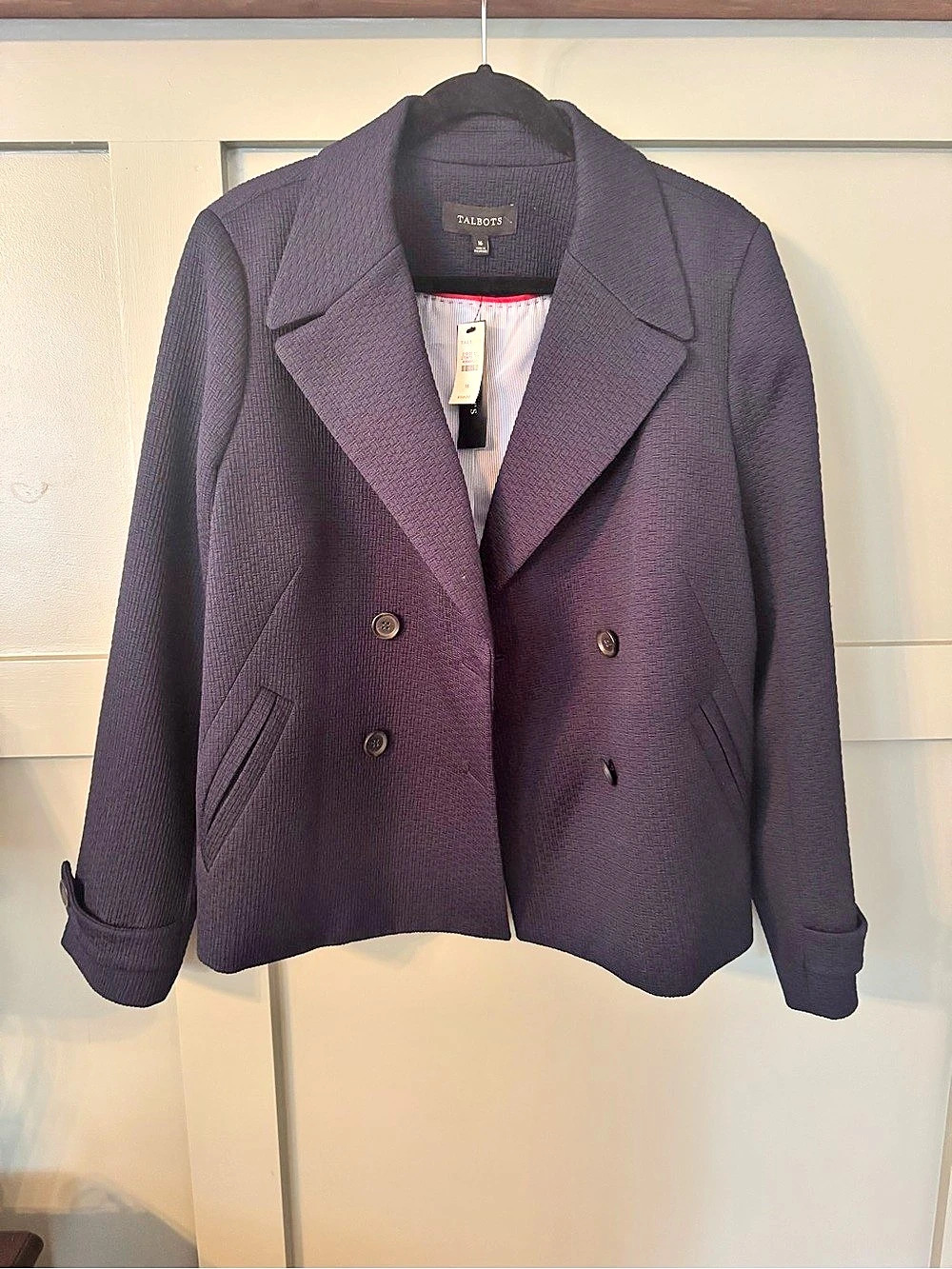 Talbots Textured Double-Breasted Blazer in navy blue Size 16 NWT